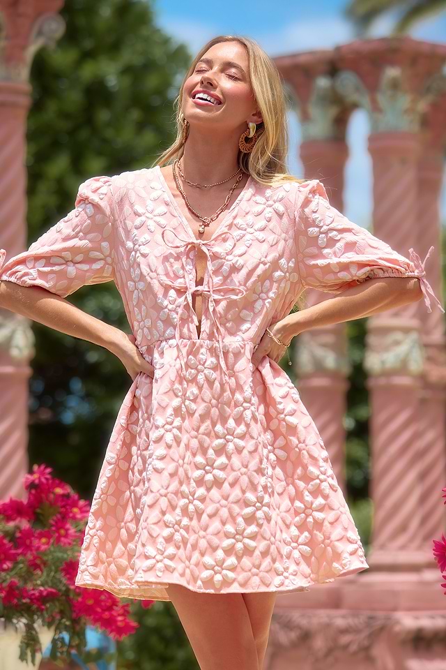 pink front tie dress THE PAISLEY TIE FRONT SWISS DAISY DRESS IN ORCHID BY PINK DESERT XXX-Large