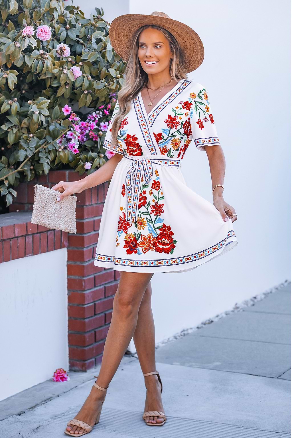 White Floral Short Sleeve Wrap Mini Dress