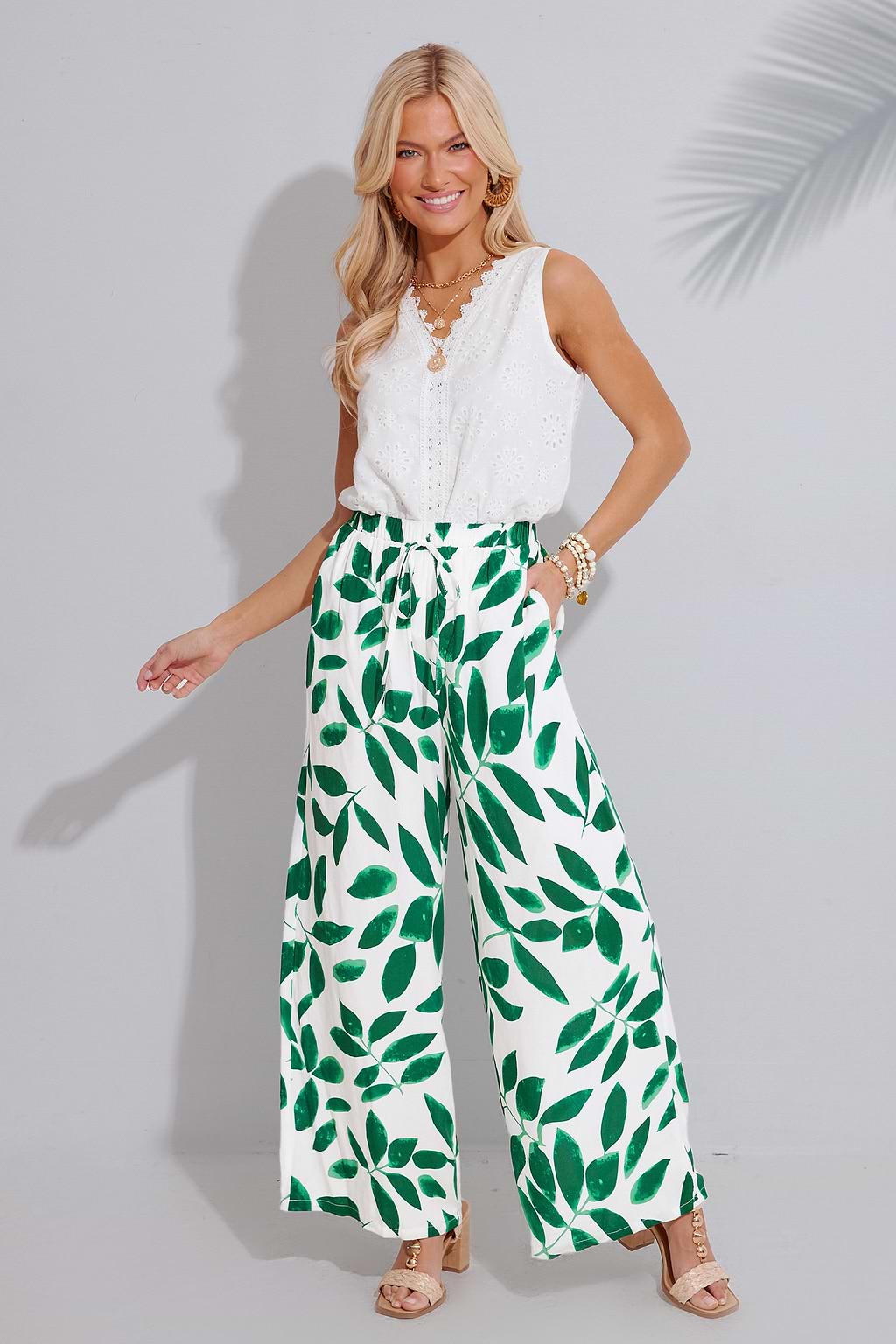 White & Green Tropical Leaf Drawstring Cover-up Pants