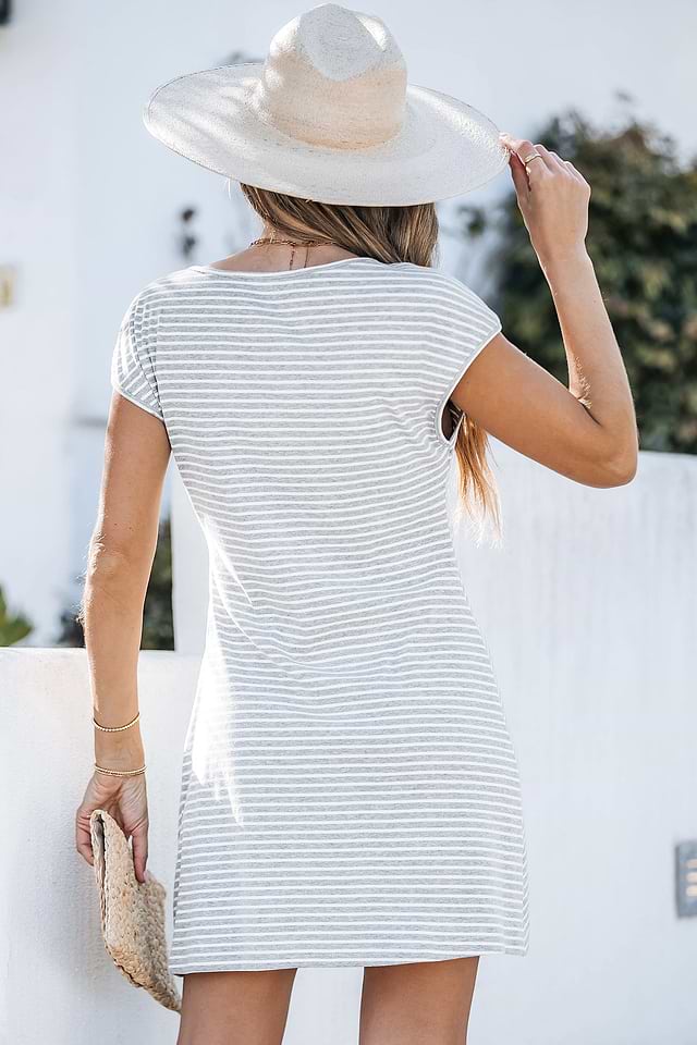 Resort Wear 2026| Grey Striped Knotted T-Shirt Mini Dress - Grey - XL