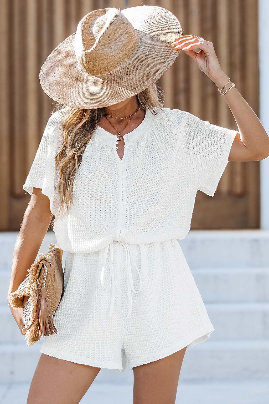 White Waffle Knit Wide Leg Romper