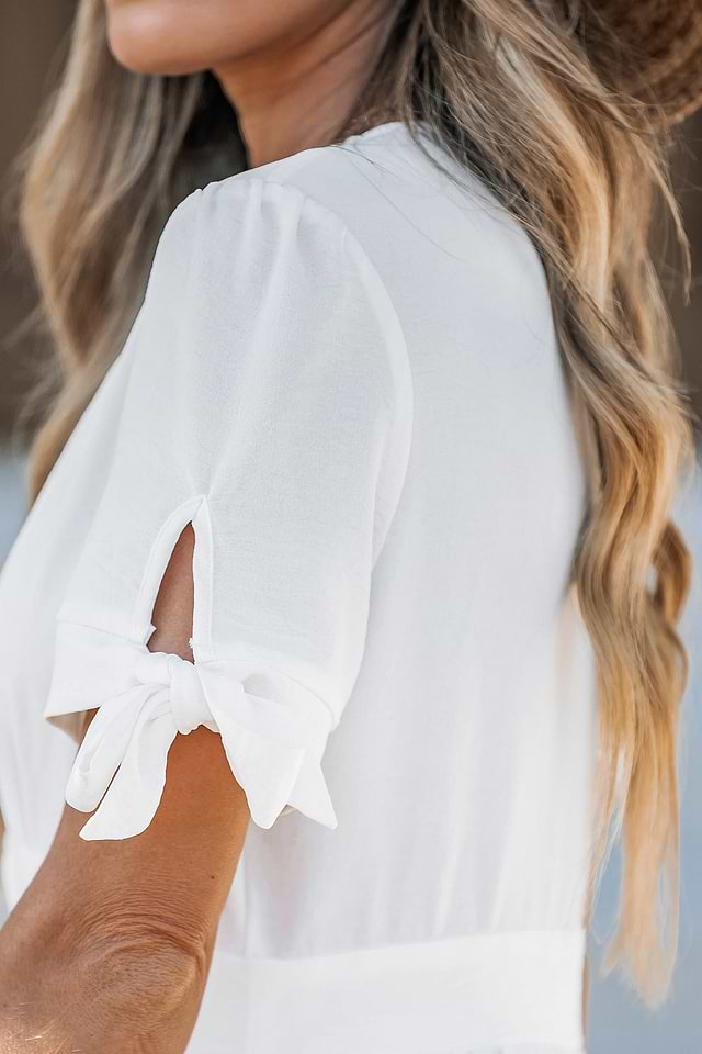 White V-Neck Button Front Midi Dress