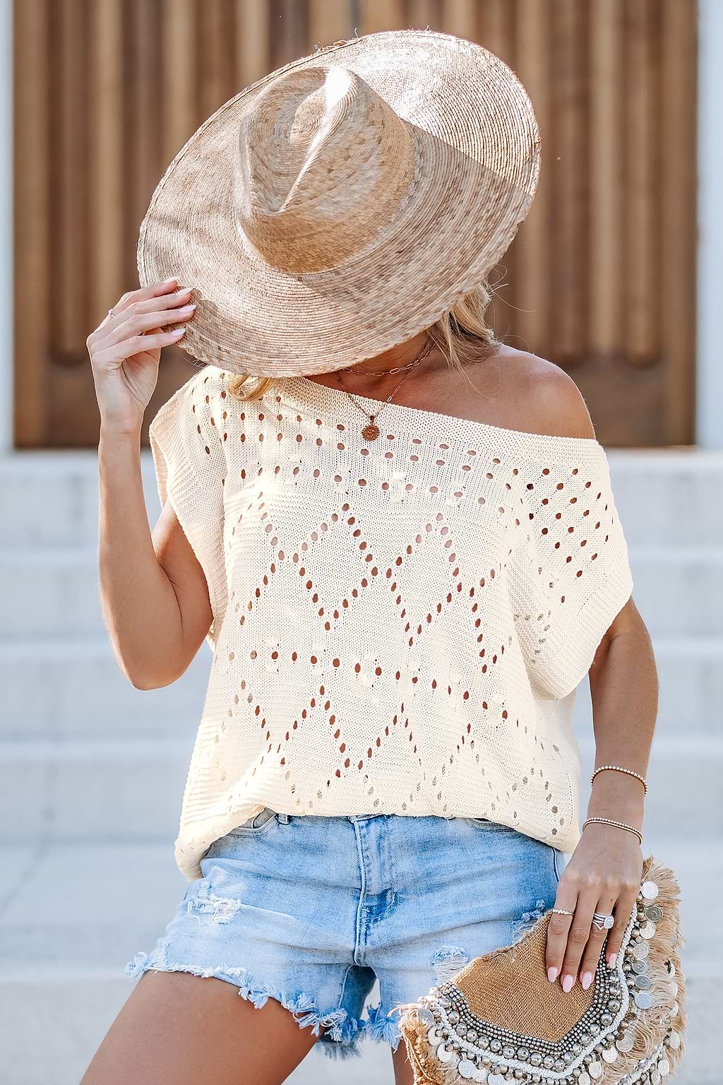 Beige Knit Short Sleeve Top
