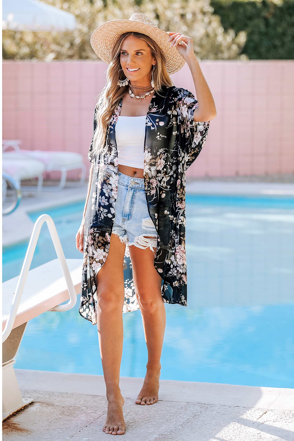 Sheer Black Floral Short Sleeve Kimono