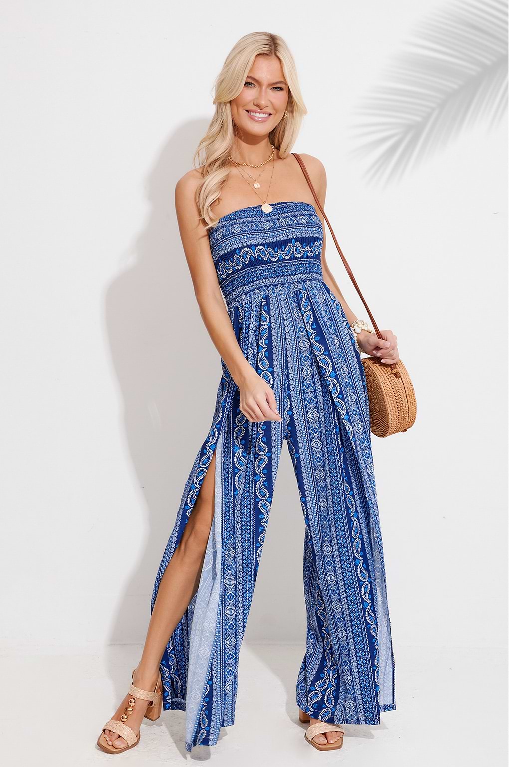 Indigo Paisley Strapless Wide Leg Jumpsuit