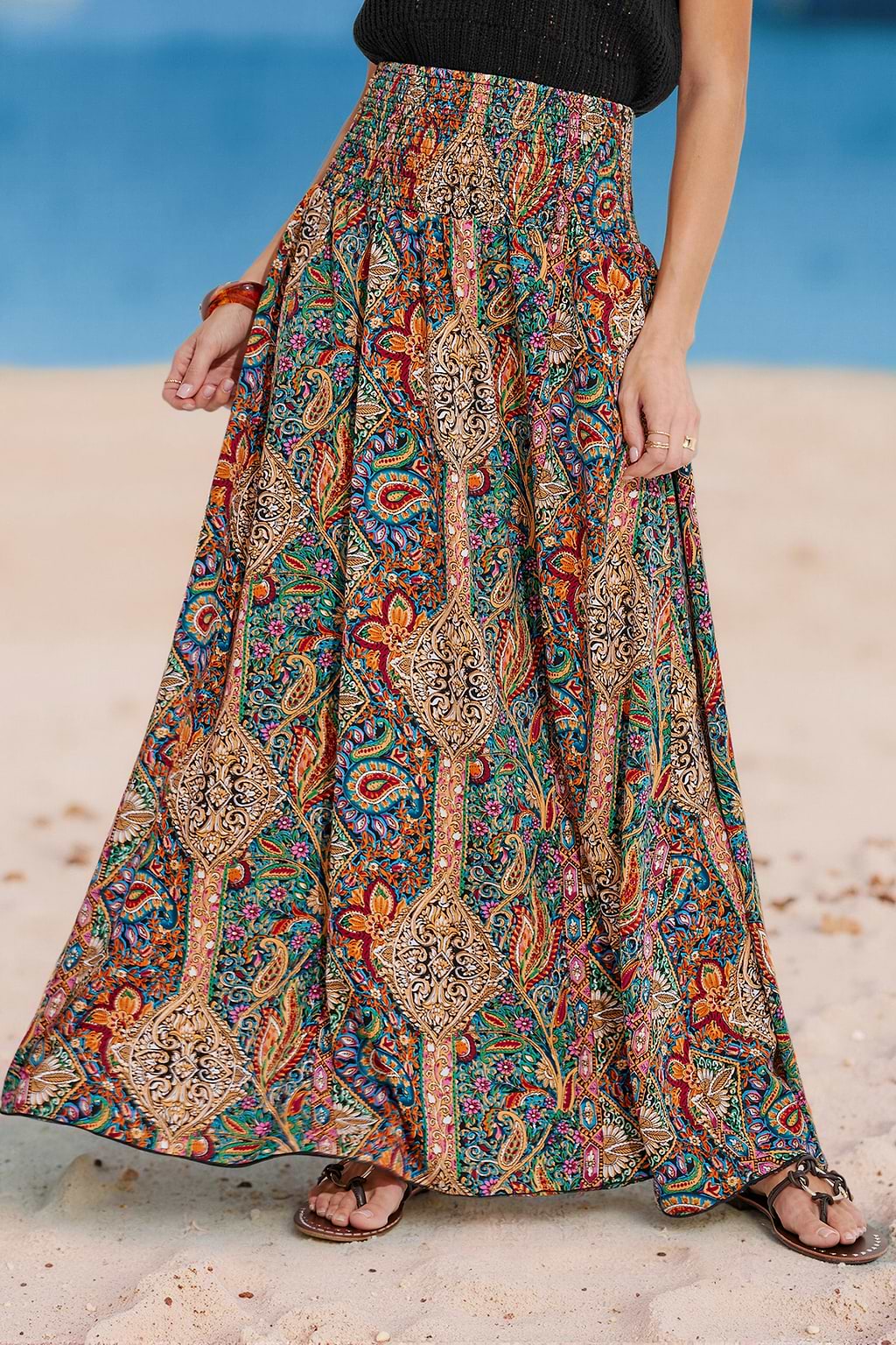 Paisley Smocked Waist Maxi Skirt