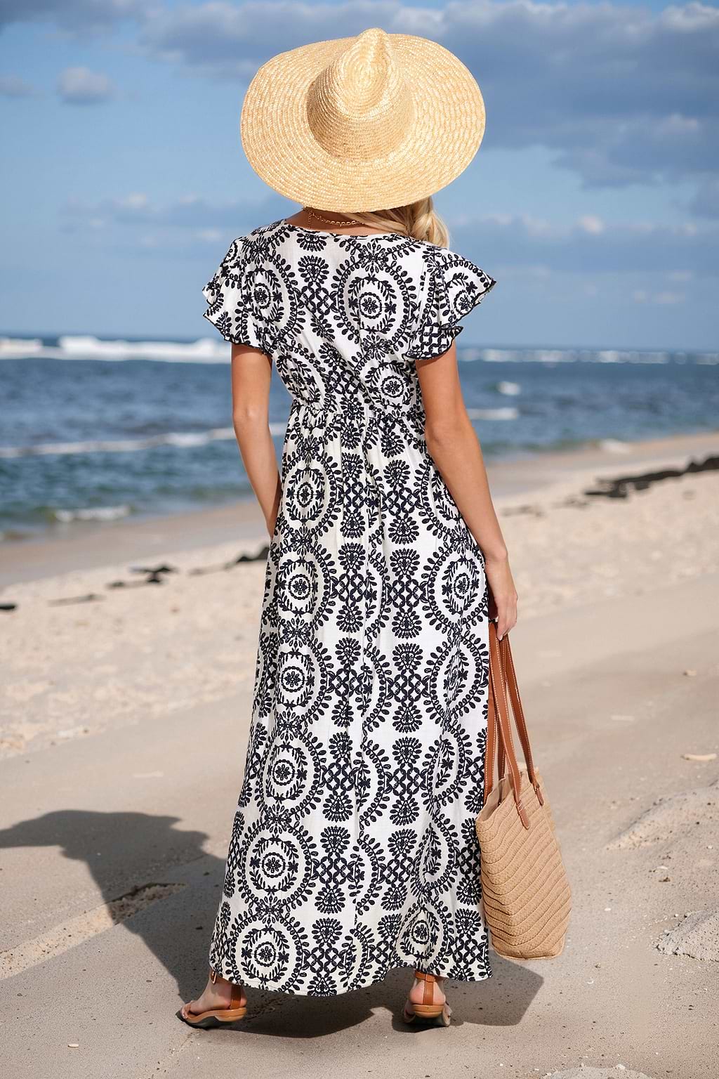 Black Ornate Flutter Sleeve Maxi Dress