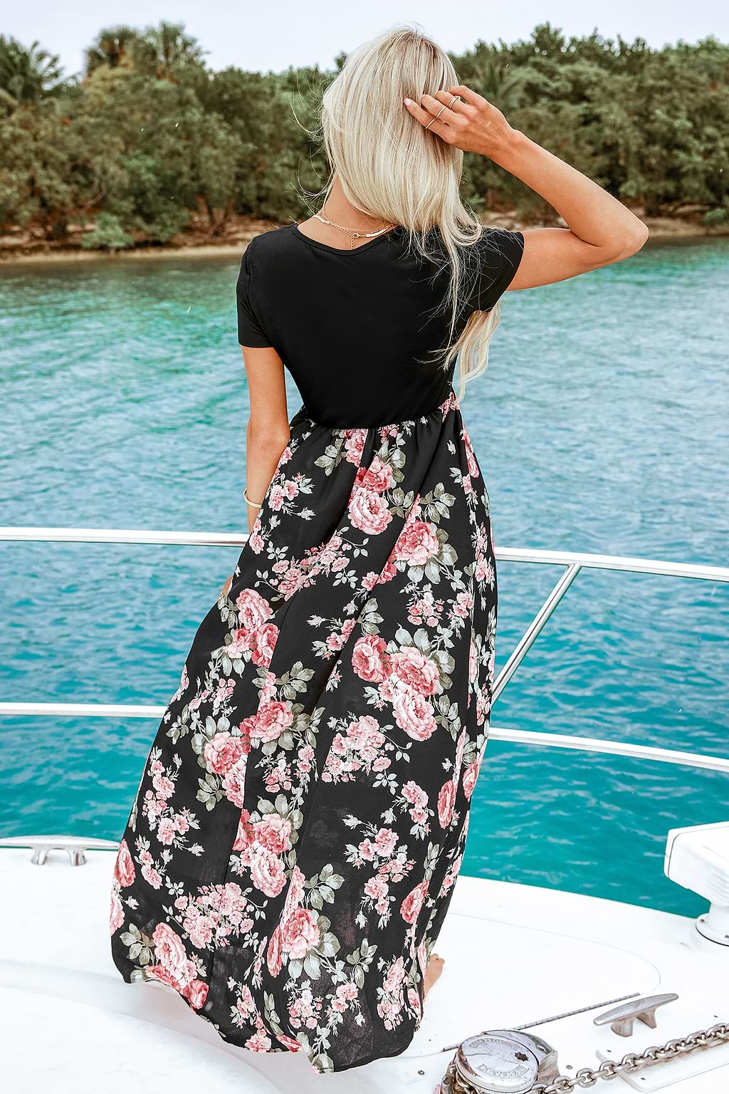 Black Floral Short Sleeve Maxi Dress
