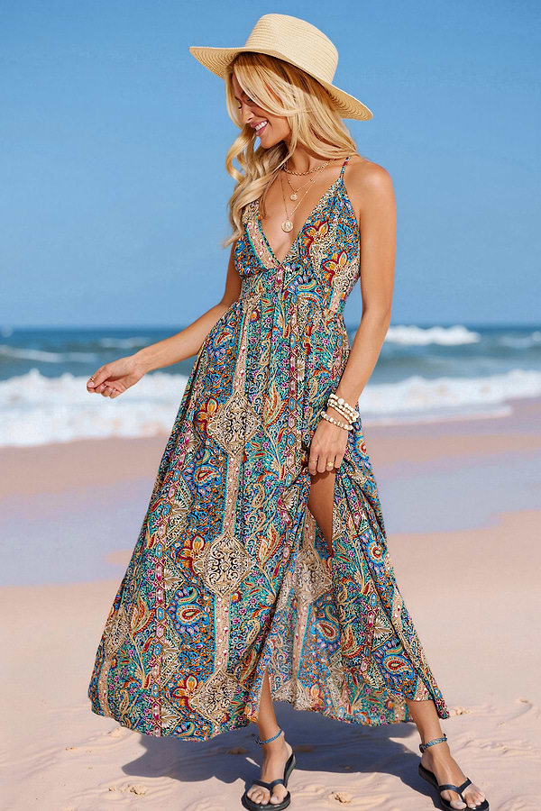 Bohemian Dress Ladies Beach Dresses Uk Boho Paisley Plunging Maxi Dress