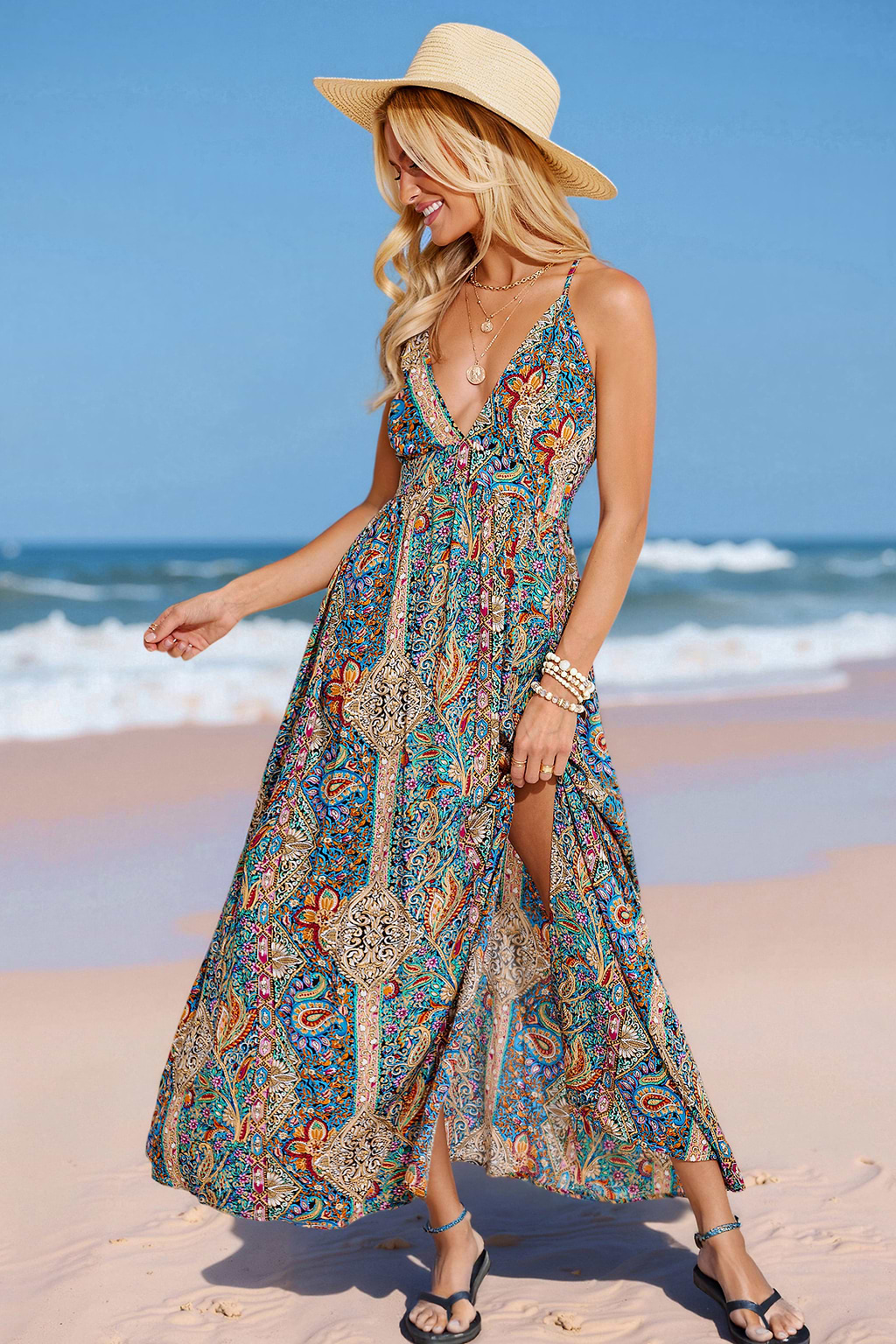 Boho Paisley Plunging Maxi Dress
