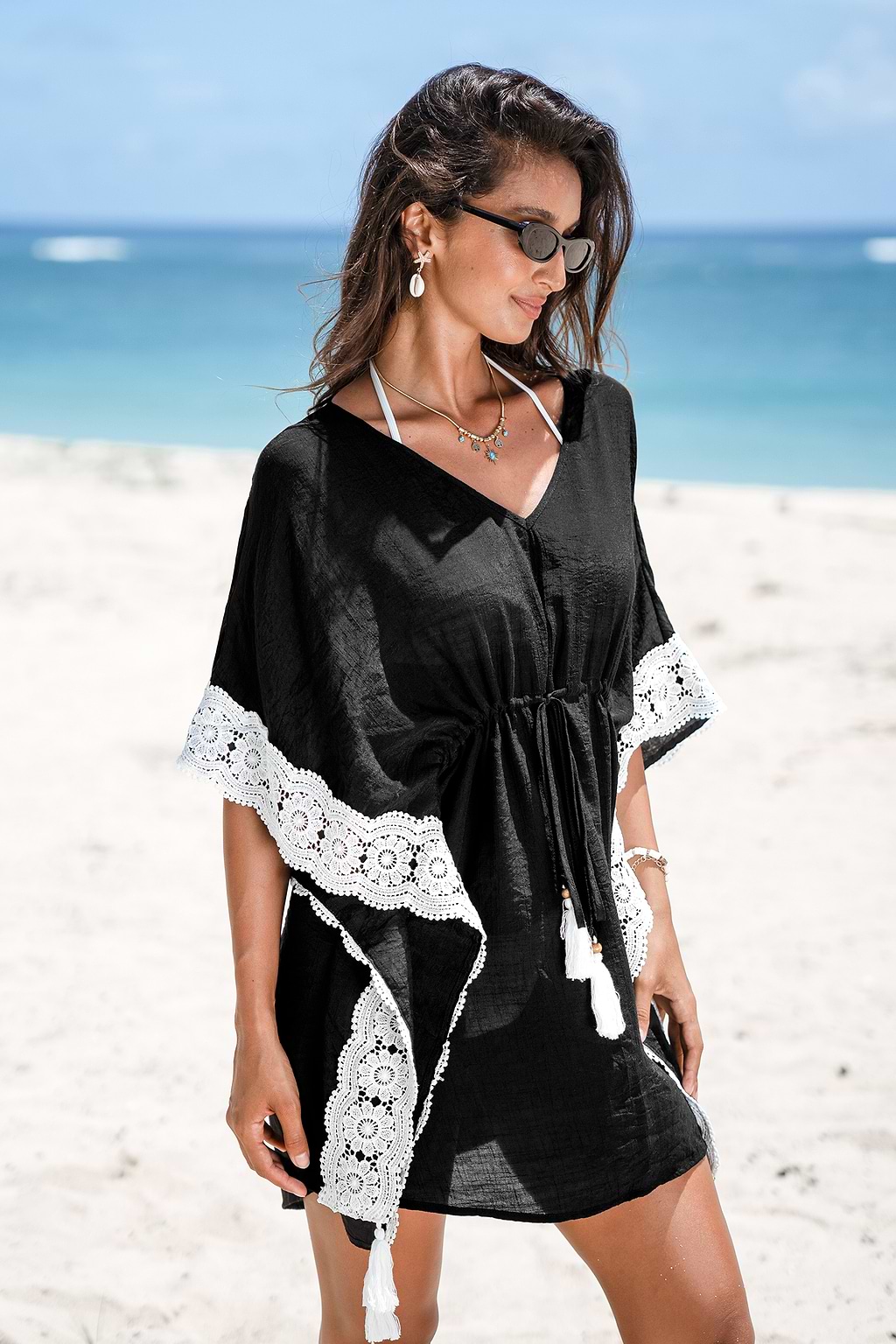 Black V-Neck Bell Sleeve Cover-Up Mini dress