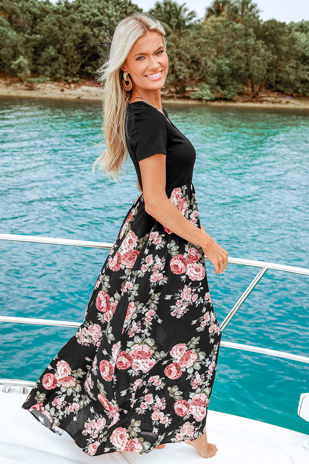 Black Floral Short Sleeve Maxi Dress