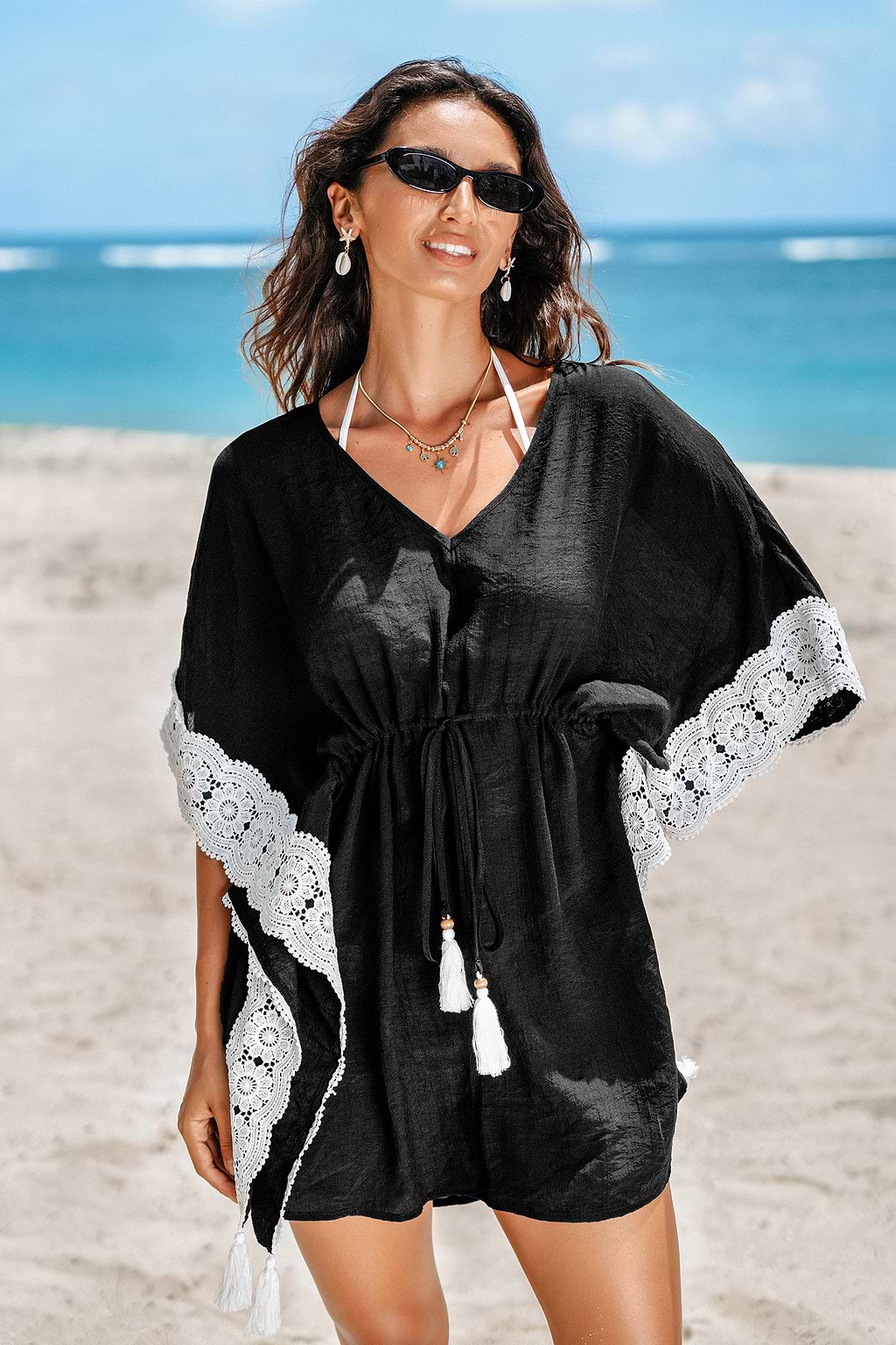 Black V-Neck Bell Sleeve Cover-Up Mini dress