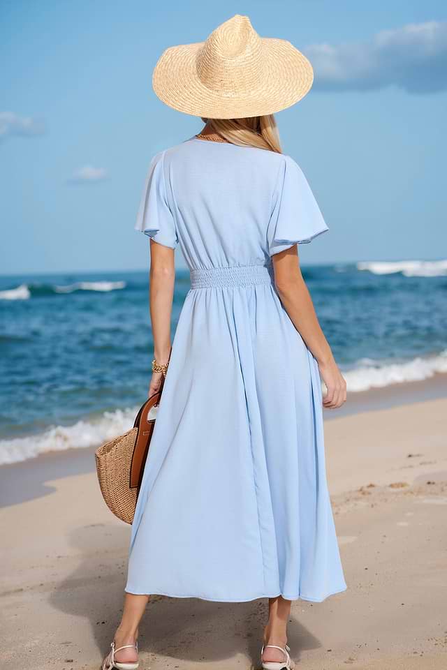 knee length dresses for ladies Light Olive V-Neck Flutter Short Sleeve Midi Dress