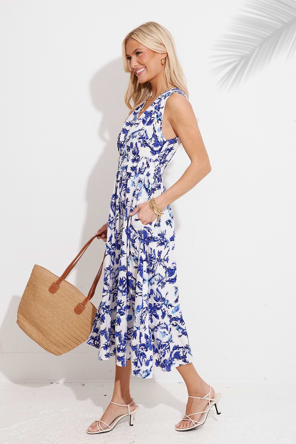 Blue Blooms Surplice Sleeveless Midi Dress