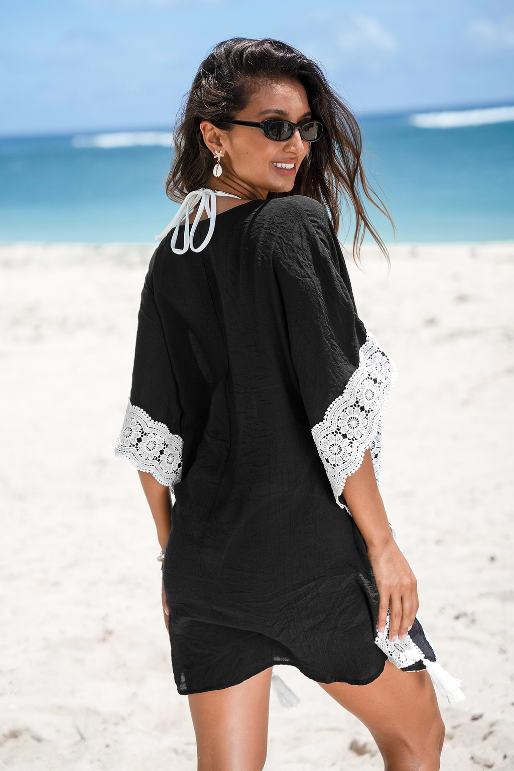 Black V-Neck Bell Sleeve Cover-Up Mini dress