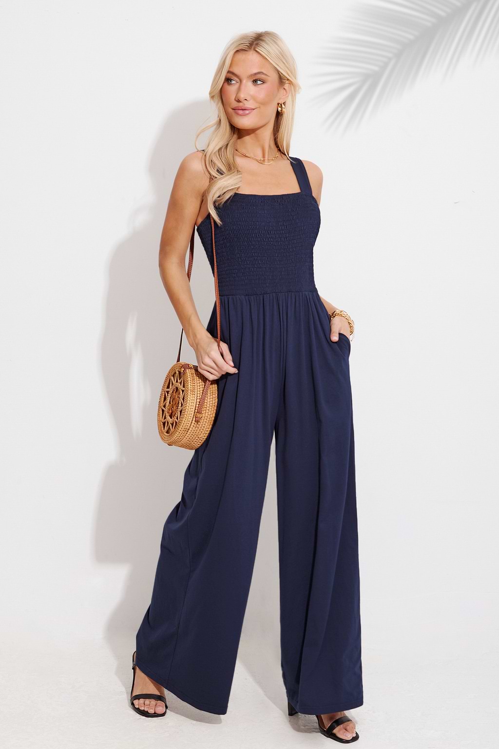 Navy Square Neck Wide Leg Jumpsuit