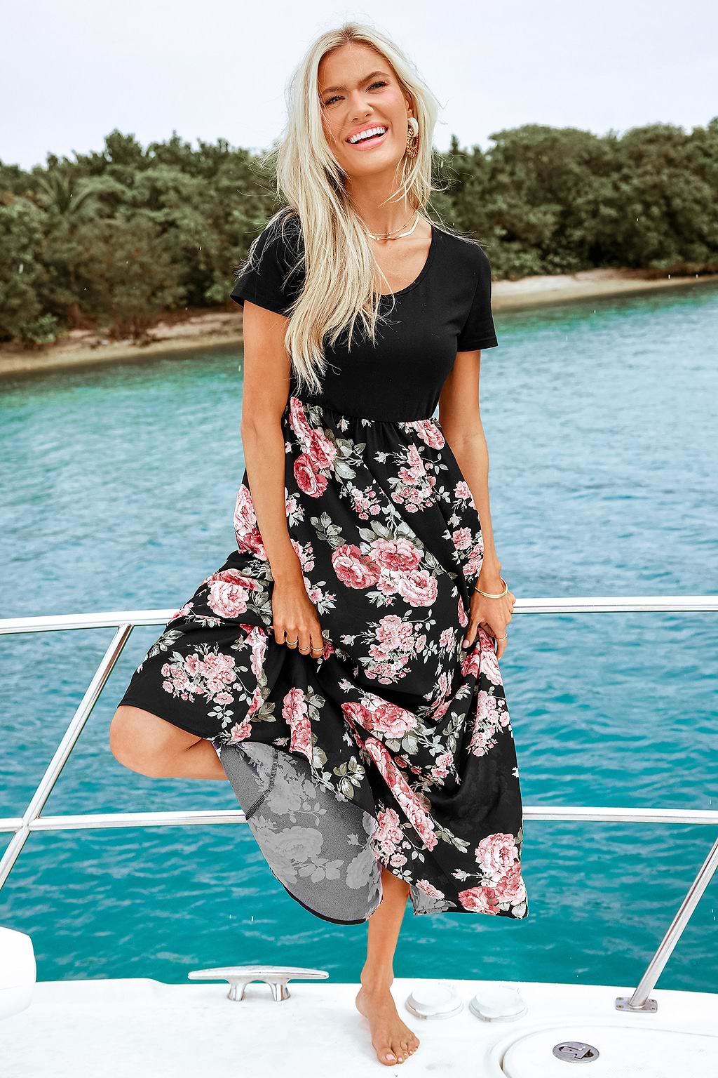 Black Floral Short Sleeve Maxi Dress