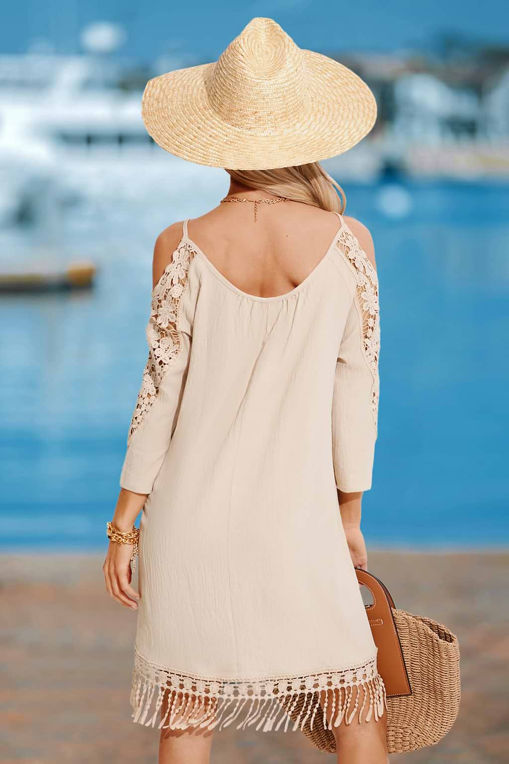 Beige Cold Shoulder Tassel Trim Mini Dress