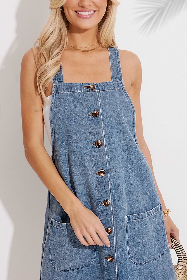 Denim Button Front Overall Mini Dress
