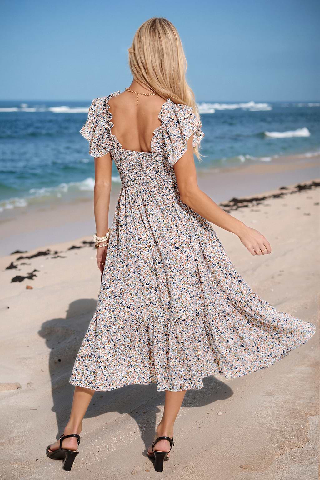 Ditsy Floral Square Neck Tiered Sleeve Midi Dress
