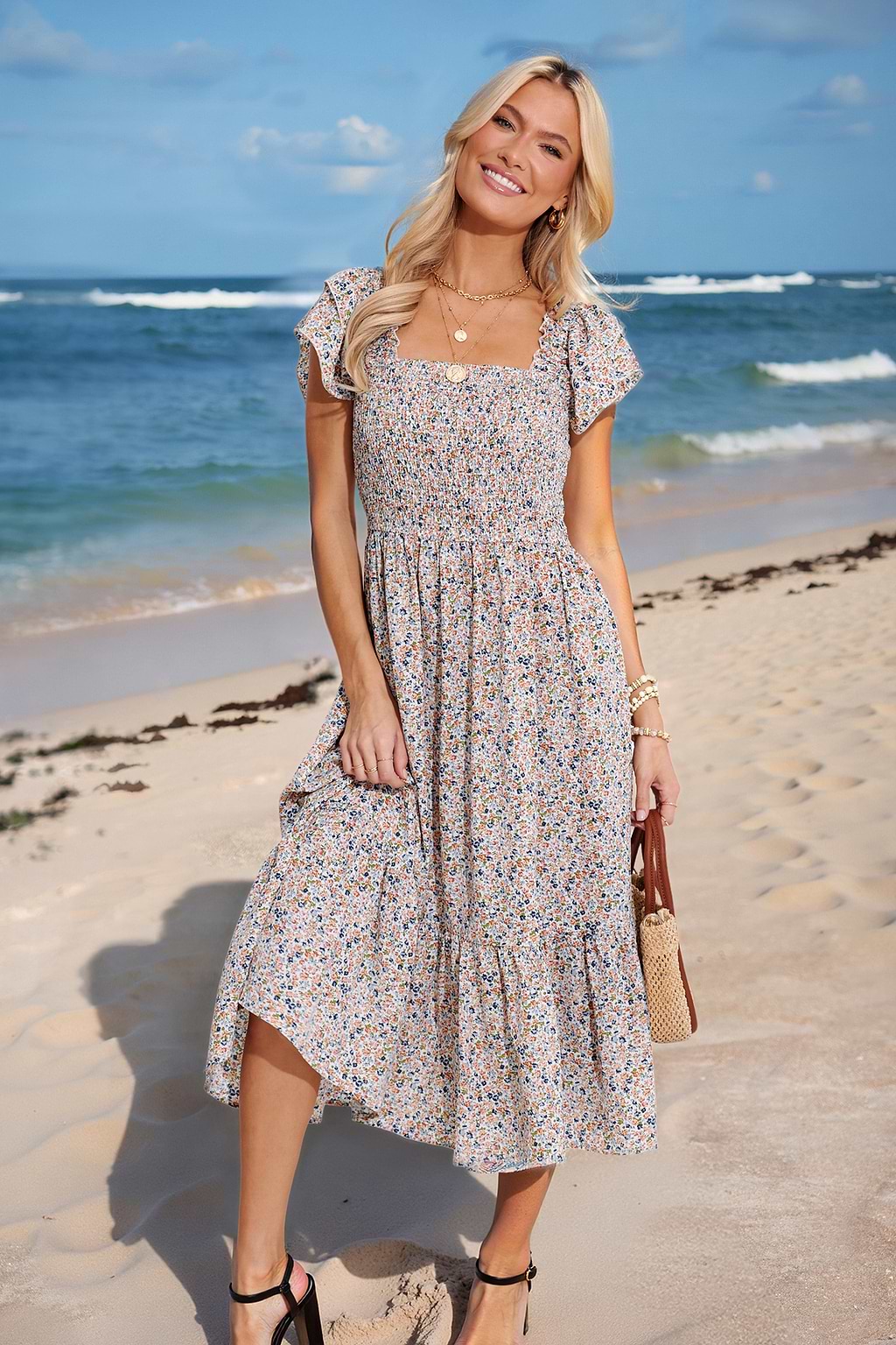 Ditsy Floral Square Neck Tiered Sleeve Midi Dress