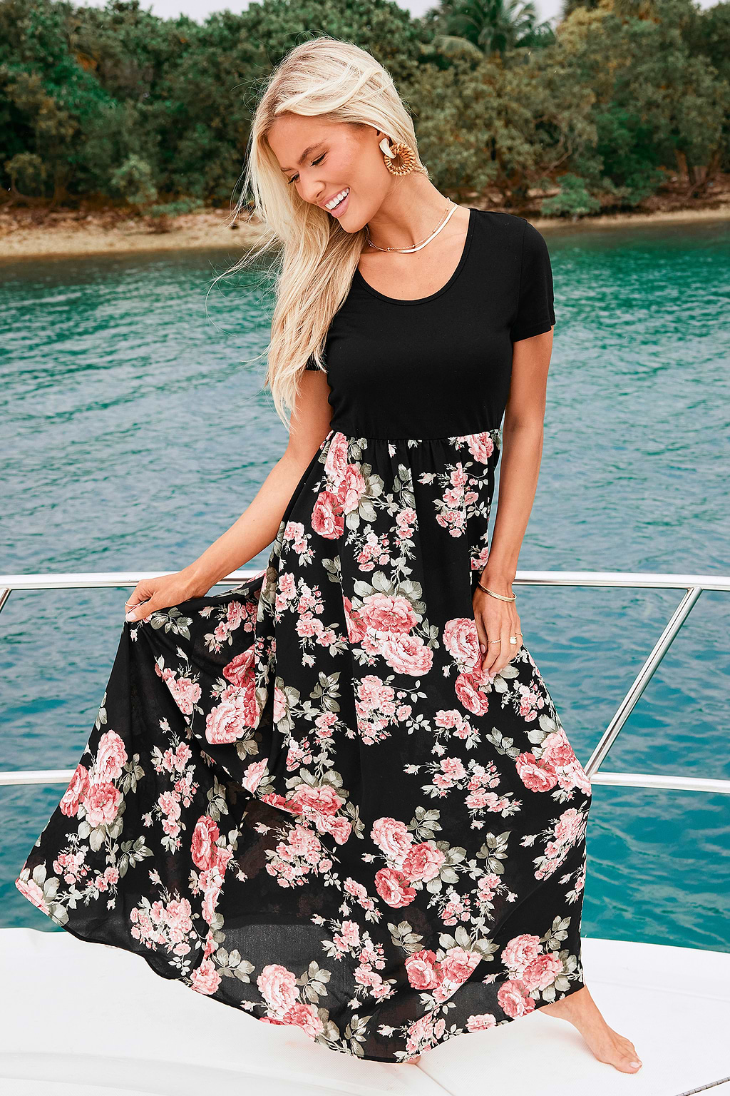 Black Floral Short Sleeve Maxi Dress