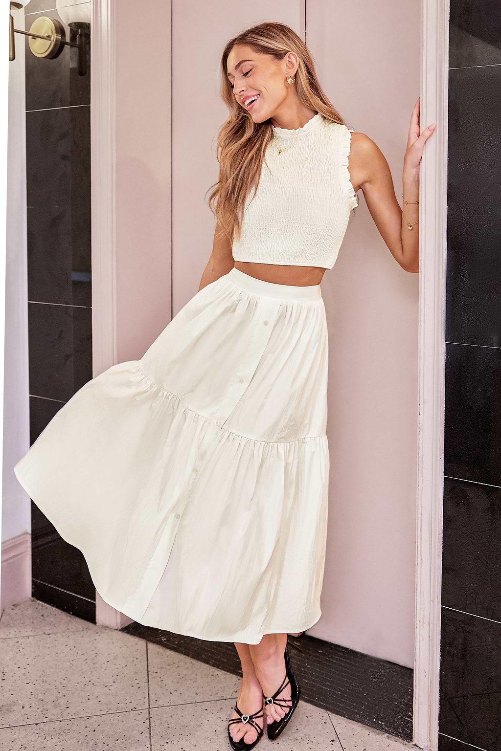Elizabeth Creme Top & Midi Skirt Set