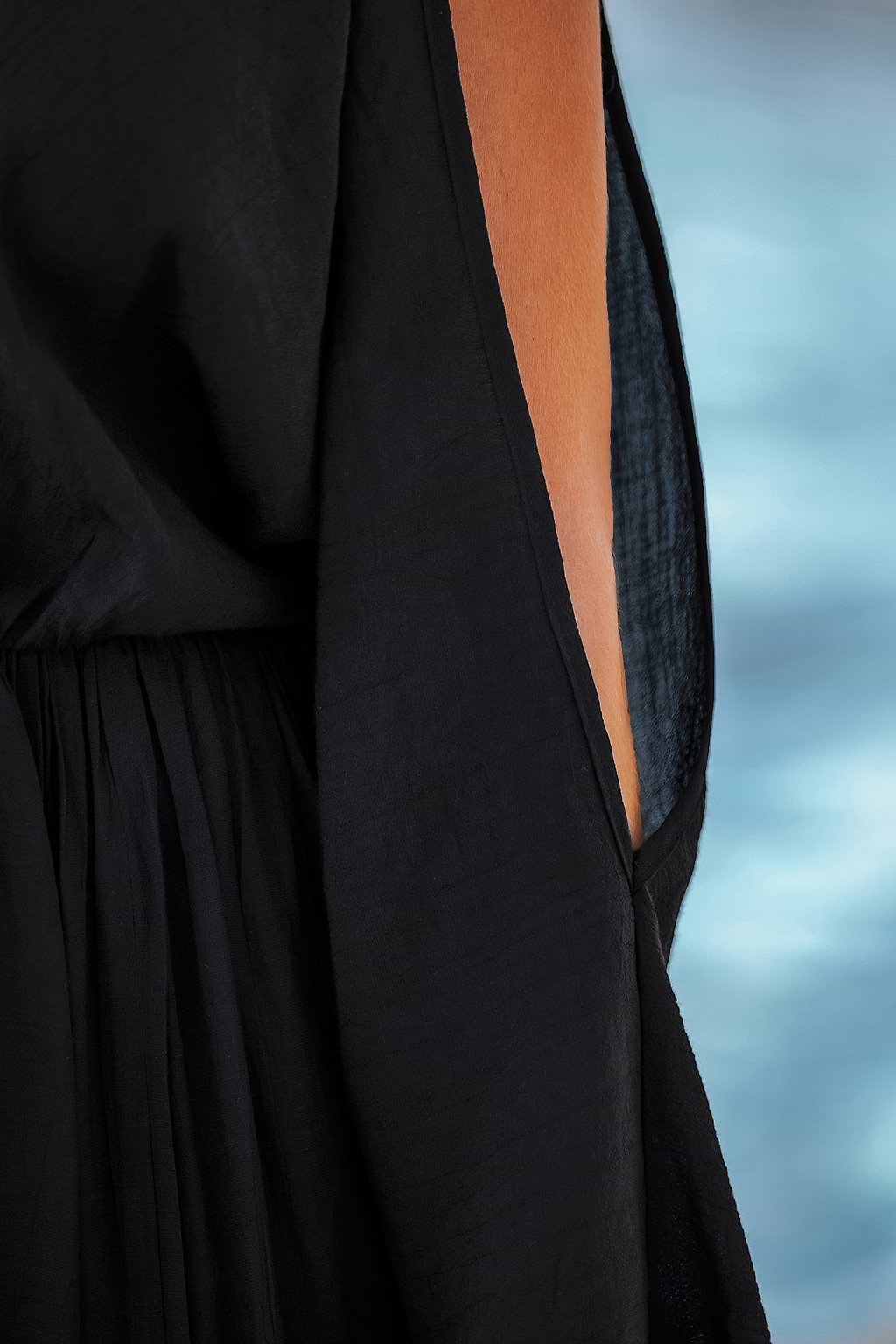 Side-Step Black Cover-Up Midi Dress