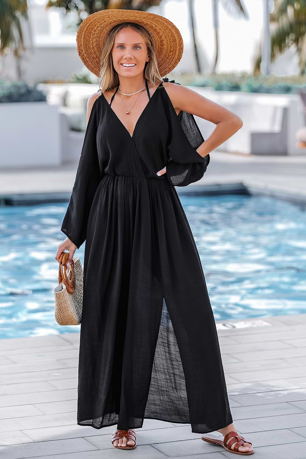 Side-Step Black Cover-Up Midi Dress