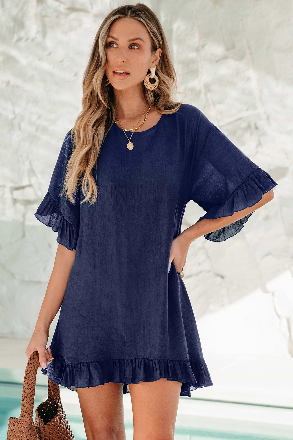 Navy Ruffled Trim Cover-Up Mini Dress