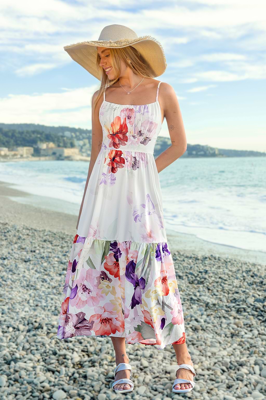 Watercolor Florals Ruffled Hem Midi Dress