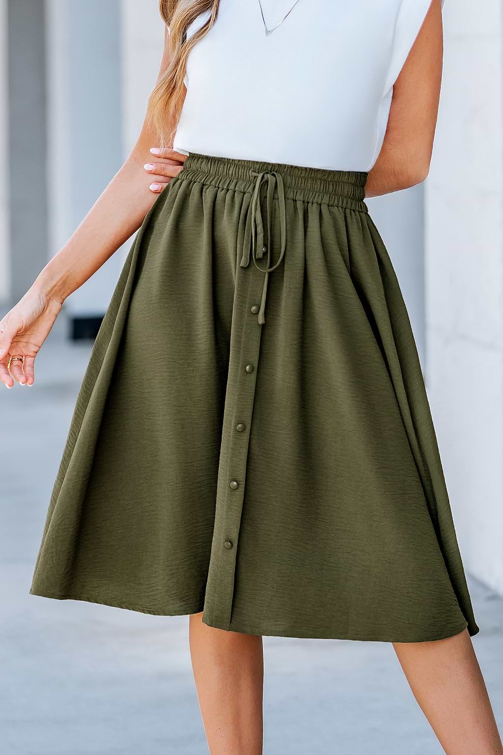 Evening Breeze Olive Green Midi Skirt
