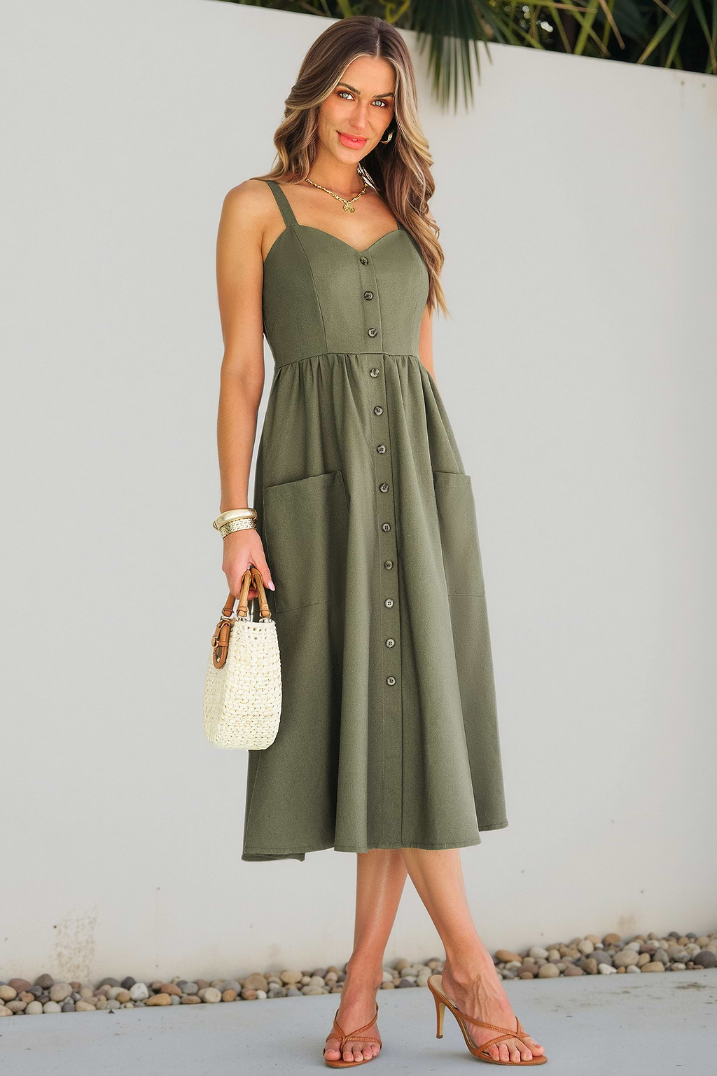 Olive Ärmelloses Midikleid mit Herzausschnitt