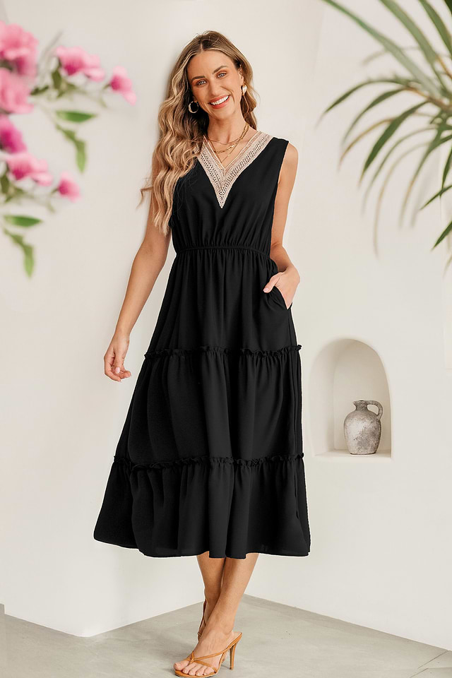green emerald velvet dress Black & White Sleeveless Midi Dress - All Dresses