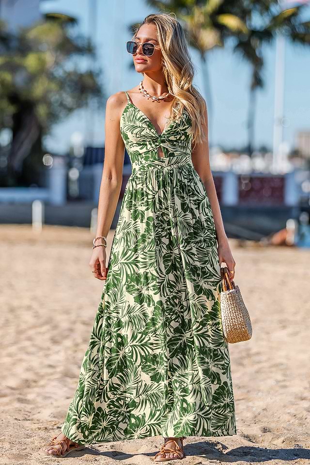 green tropical maxi dress Trendy Green Tropical Print Maxi Dress | Cute Women's Dress