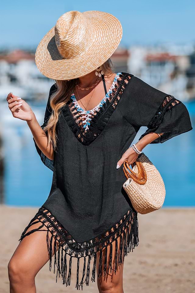 pom pom beach dress Black Fringe Cover-Up 45% Rayon Hand wash