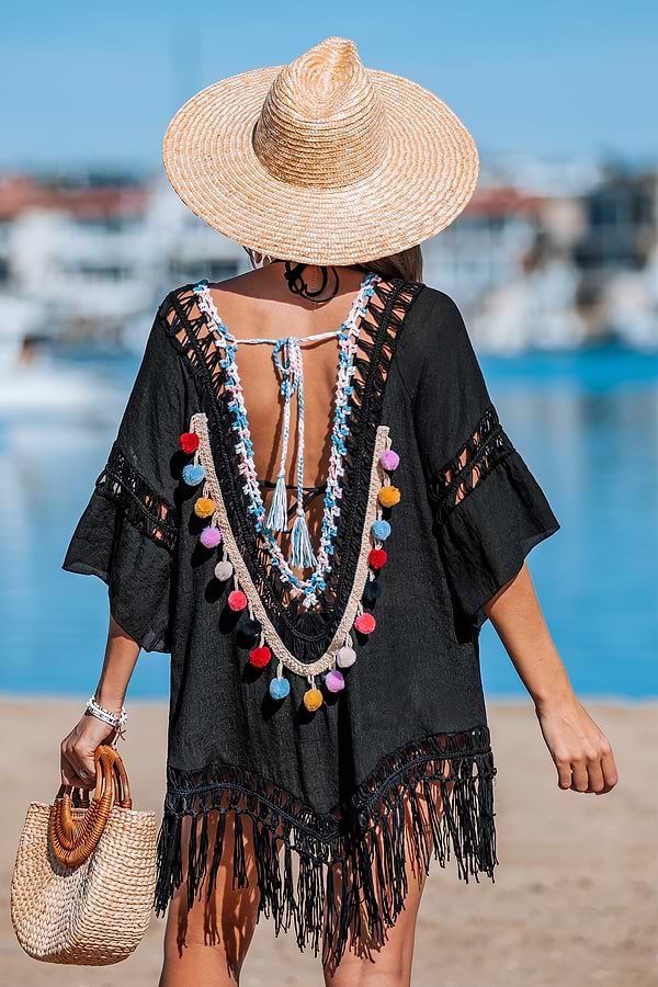 pom pom boho dress Black Fringe Cover-Up Cinnamon Bridesmaid Dresses | collection: dresses ankle length Size:US 20Plus / UK 24 / EU 50