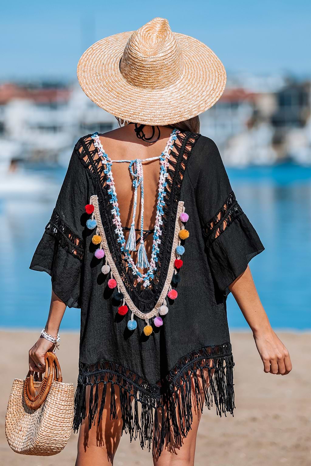 Black Pom Pom Fringe Cover-Up Dress