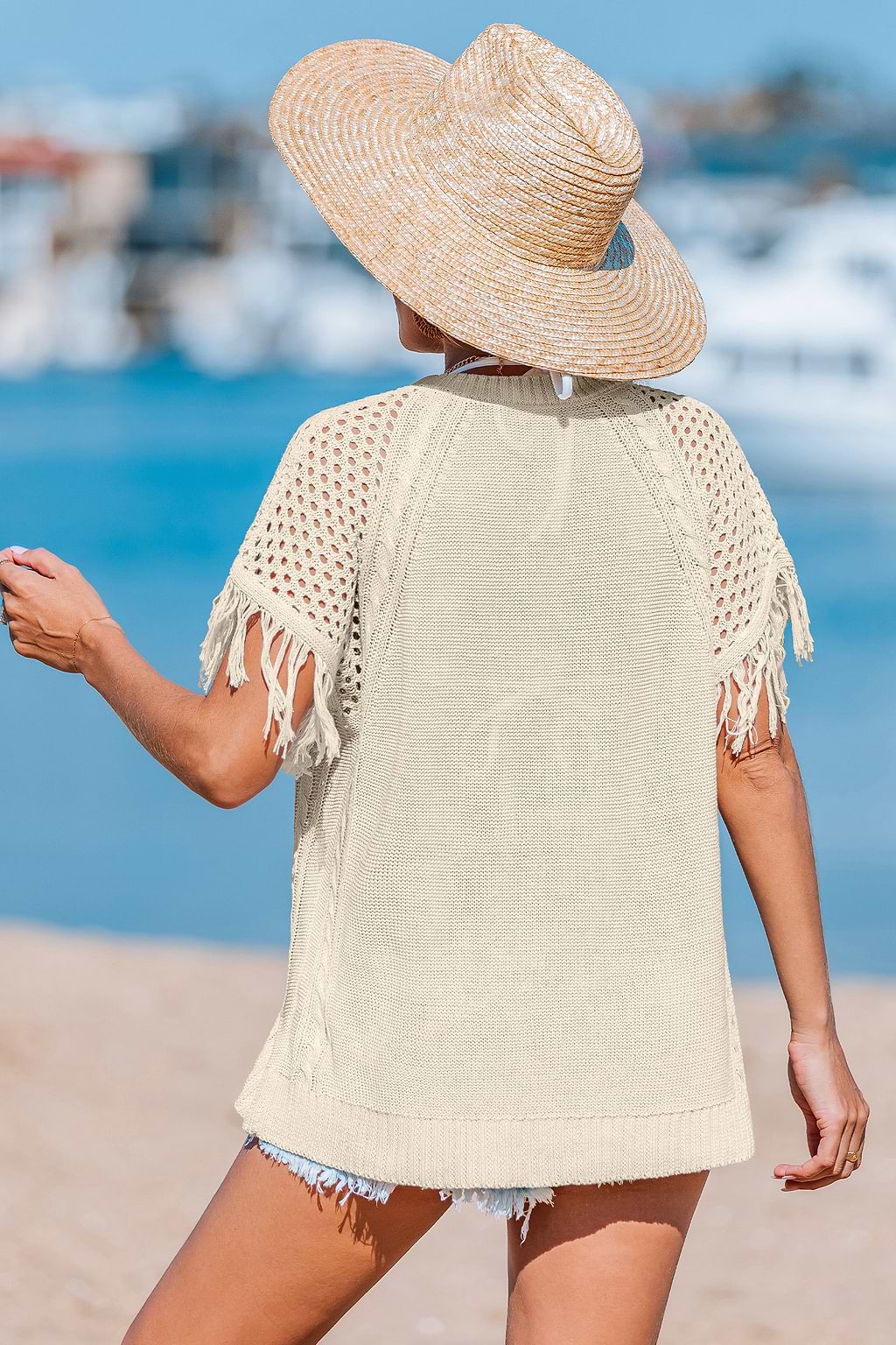 Beige Strandtop mit Quastenbesatz