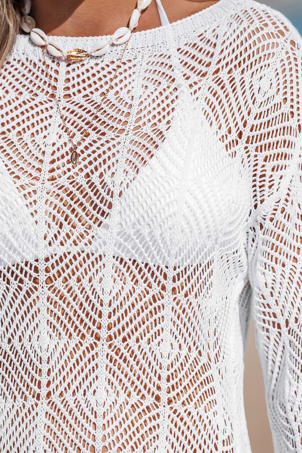Cremefarbenes Mini-Strandkleid mit Glockenärmeln