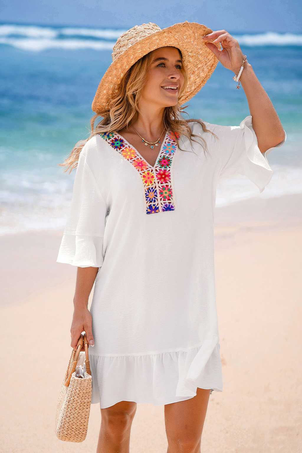 Coral Crush White Cover-Up Mini Dress