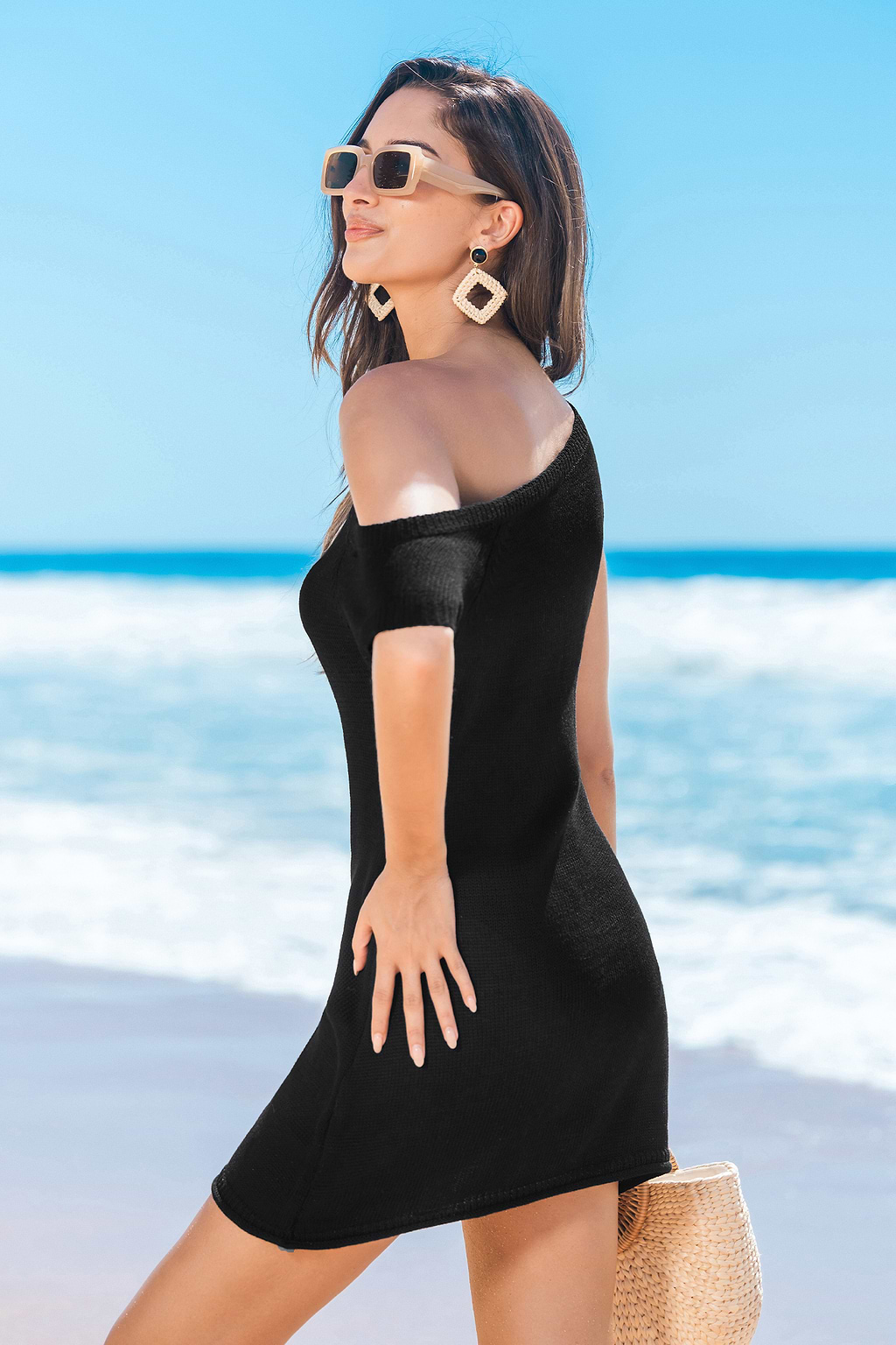 Elegant Drape Black Cover-Up Mini Dress