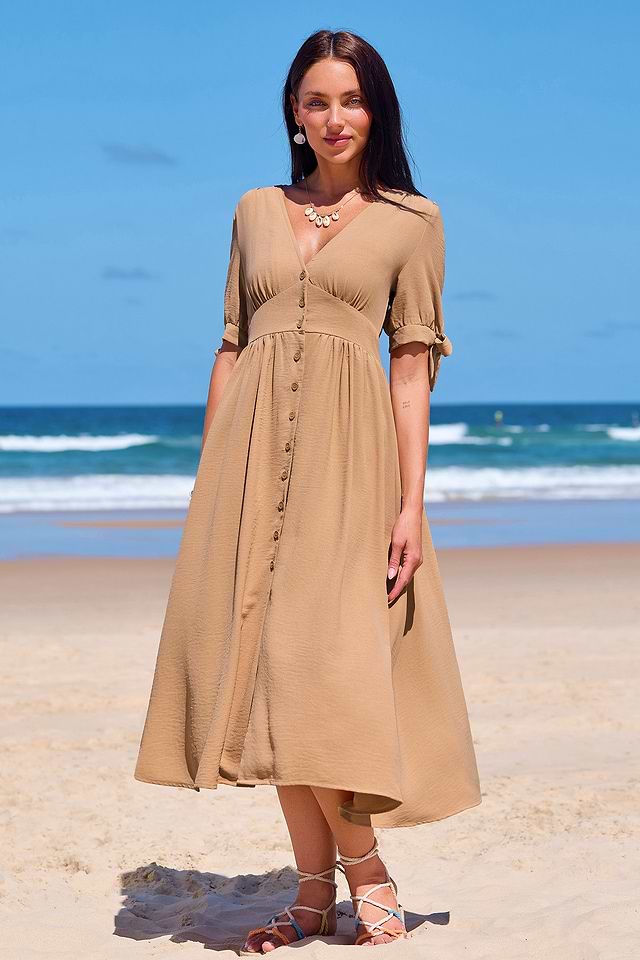 bec and bridge classic midi dress khaki Bec + Bridge Mila Midi Dress in Khaki