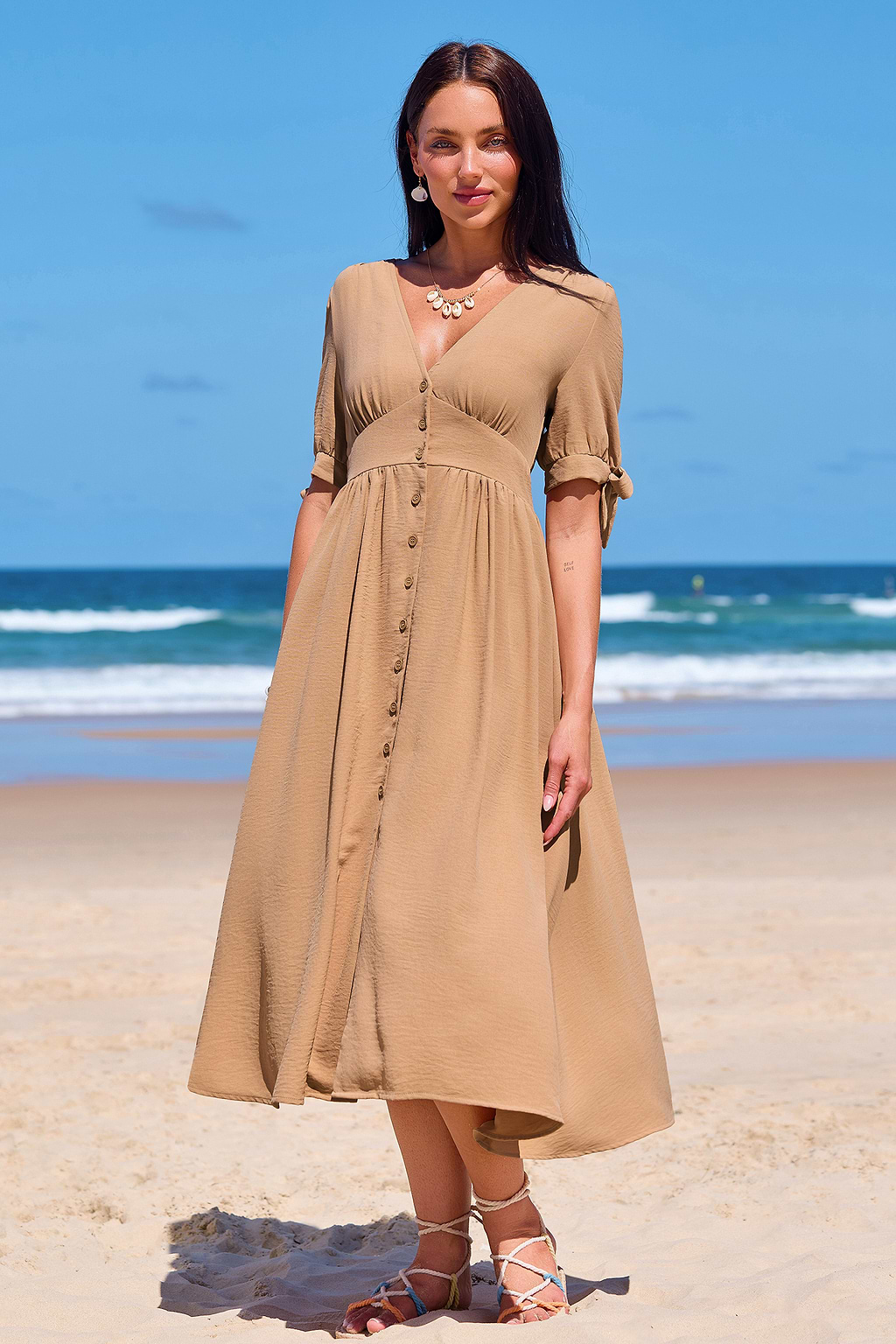 Vintage Details Beige Midi Dress