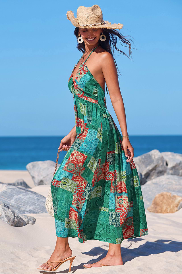 curations boho chiffon midi dress Stitch Patchwork The drawstring tie waist red dress cowl neck What to Wear on Sleeve Length:38/39