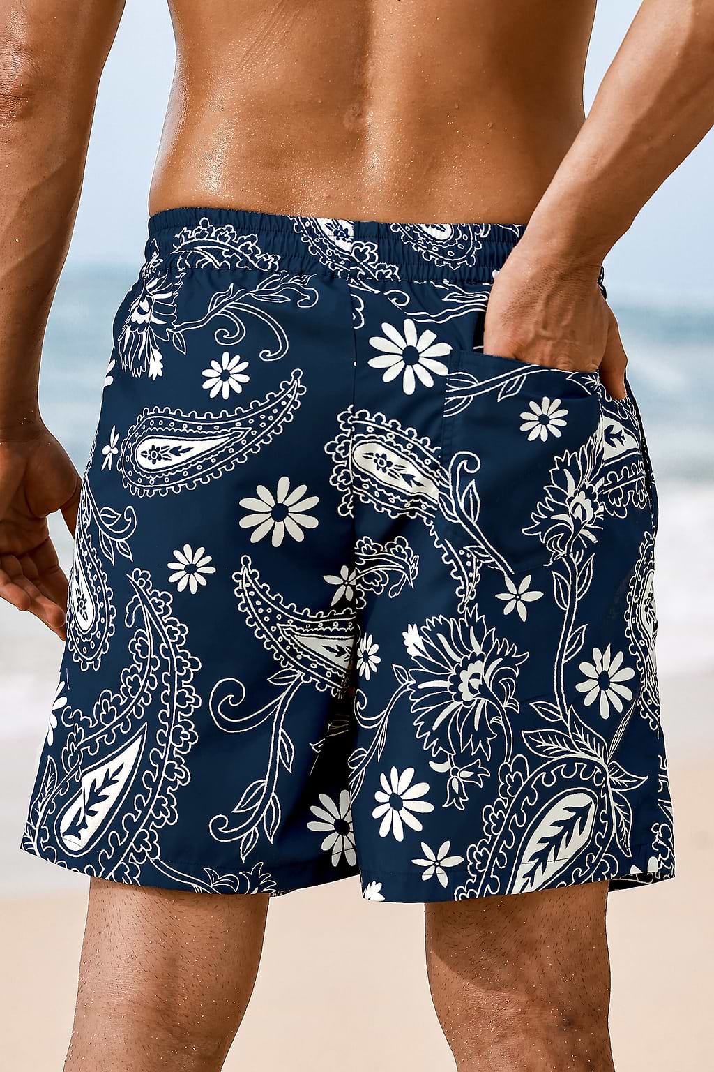 Blaue Paisley Herren-Badehose mit Kordelzug