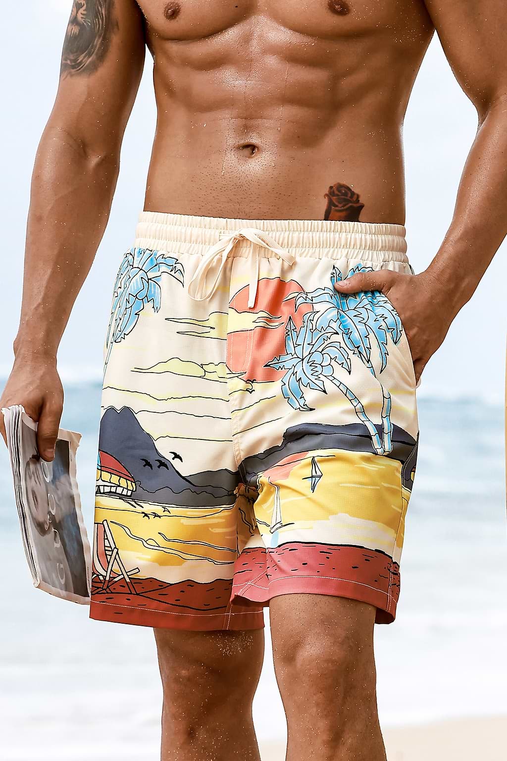 Short de plage imprimé tropical fermeture à cordon