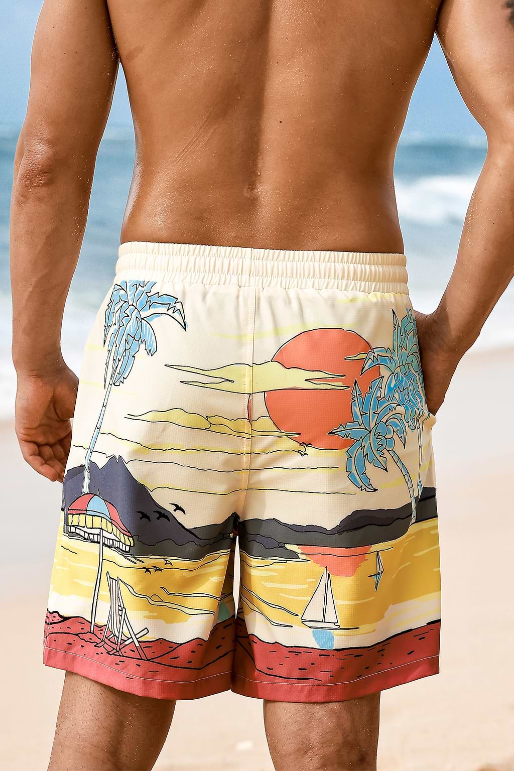 Short de plage imprimé tropical fermeture à cordon