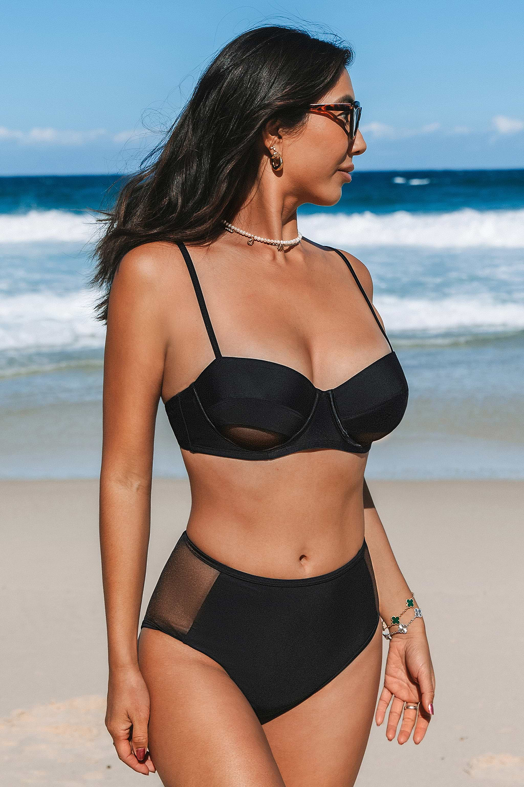 Take a Peek Black Mesh Underwire High Waisted Bikini Set
